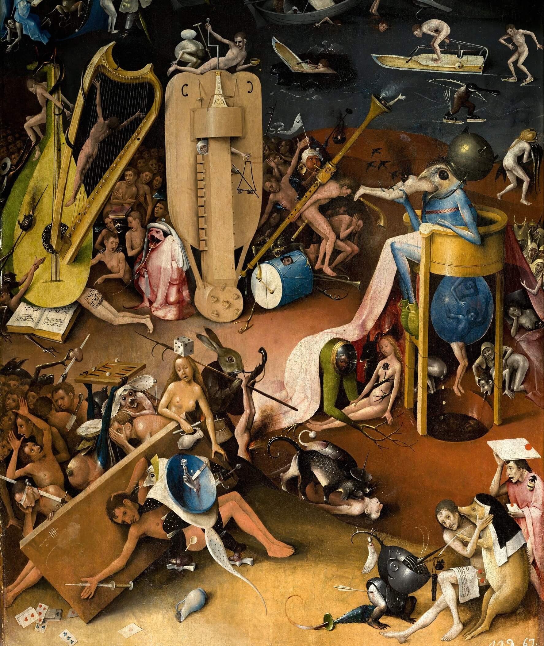Details from the right panel of Hieronymus Bosch’s The Garden of Earthly Delights showing human figures tortured by oversized musical instruments alongside a hollow, egg-shaped human figure with tree-like legs.