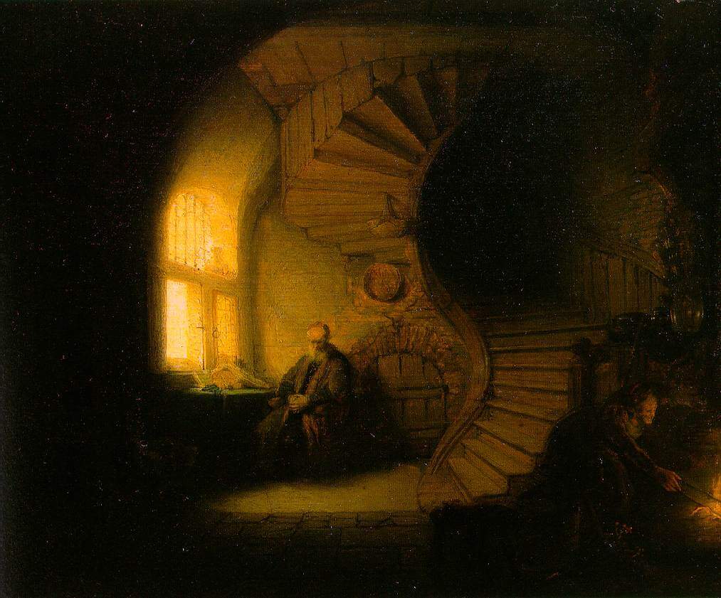 Rembrandt, The Philosopher in Meditation (c. 1632) depicting a man sitting and meditating in the room