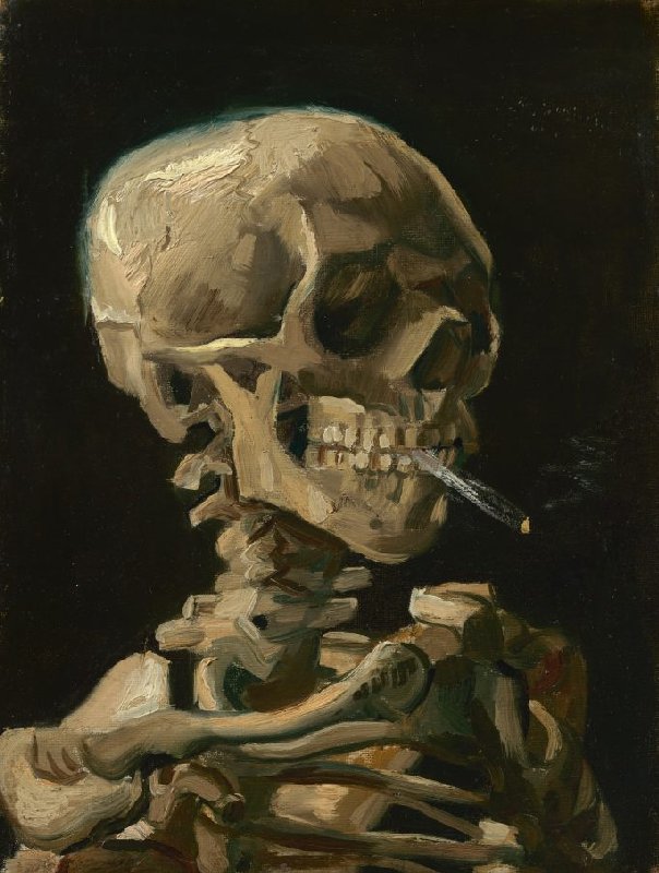 Painting "Head of a Skeleton with a Burning Cigarette" by Vincent Van Gogh (1886)