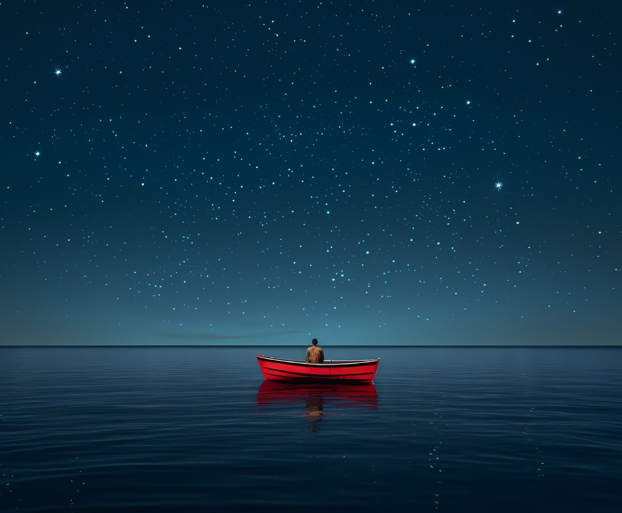 red ship in the night sea