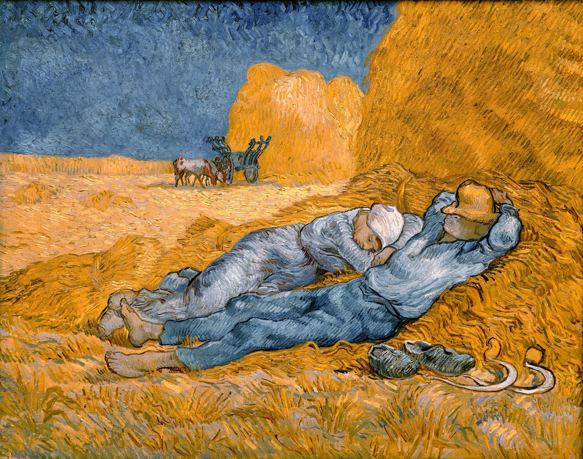 Two farm workers sleeping in a sunlit field beside haystacks in Vincent van Gogh’s Noon: Rest from Work (1890), conveying rest, stillness, and relief from labor. Source: Wikimedia Commons.